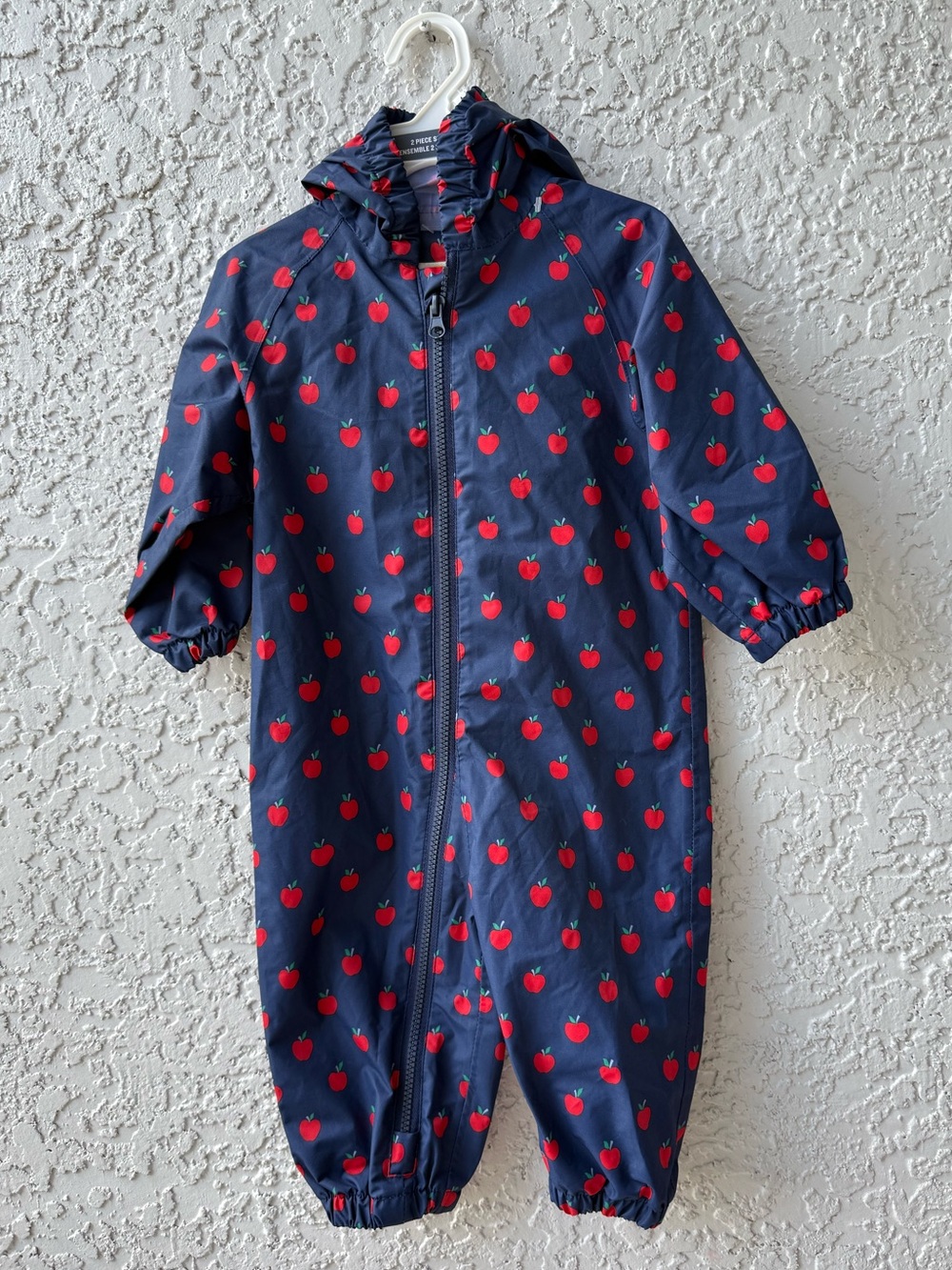 Boden waterproof rain suit apple-print puddle suit in navy blue size 12-18